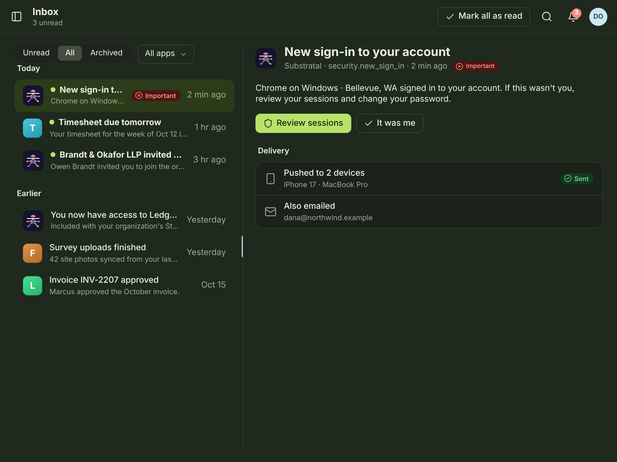 NTF-01/02 · Inbox and notification — tablet — dark