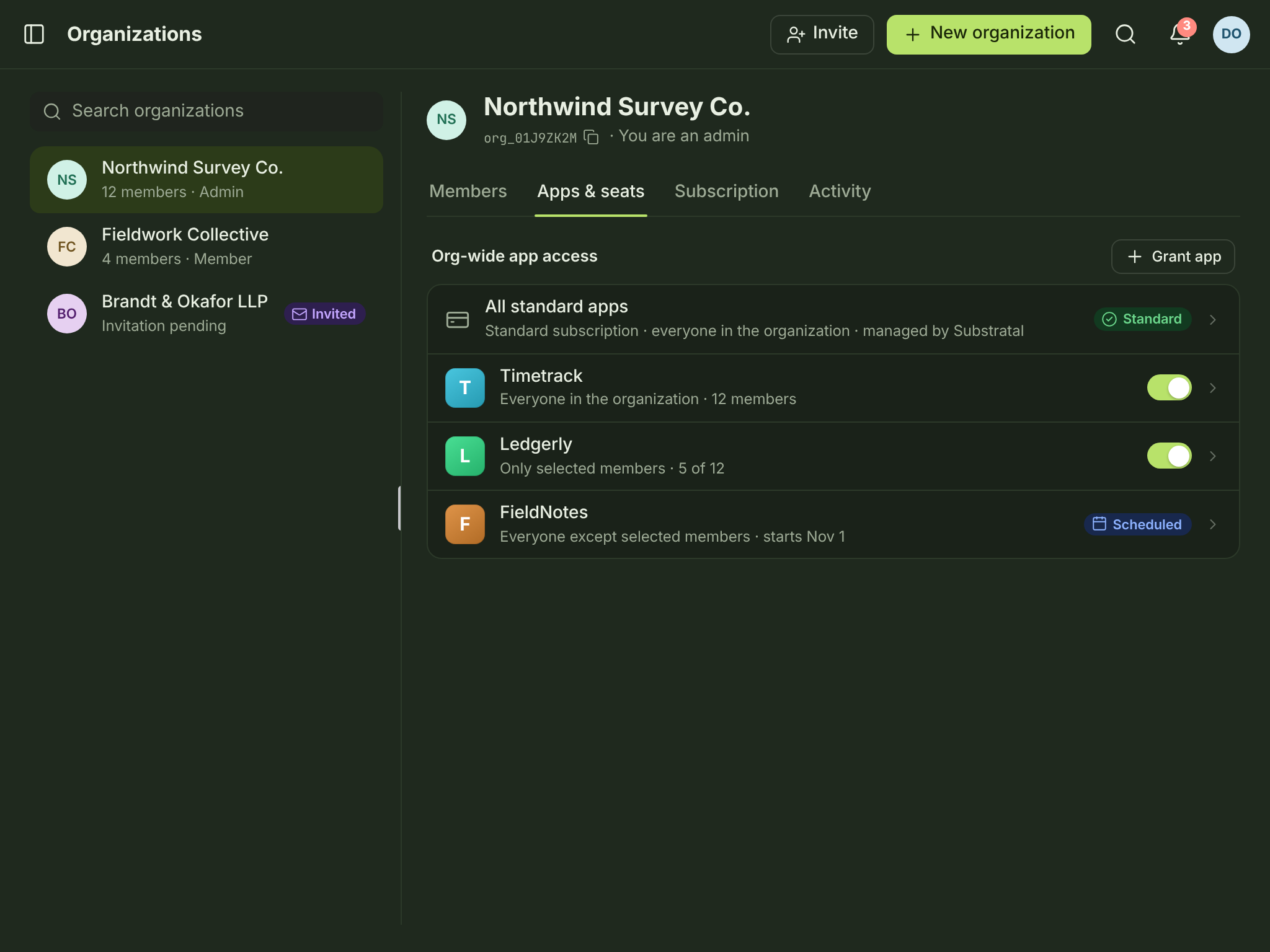 ORG-06 · Organization apps & seats — tablet — dark