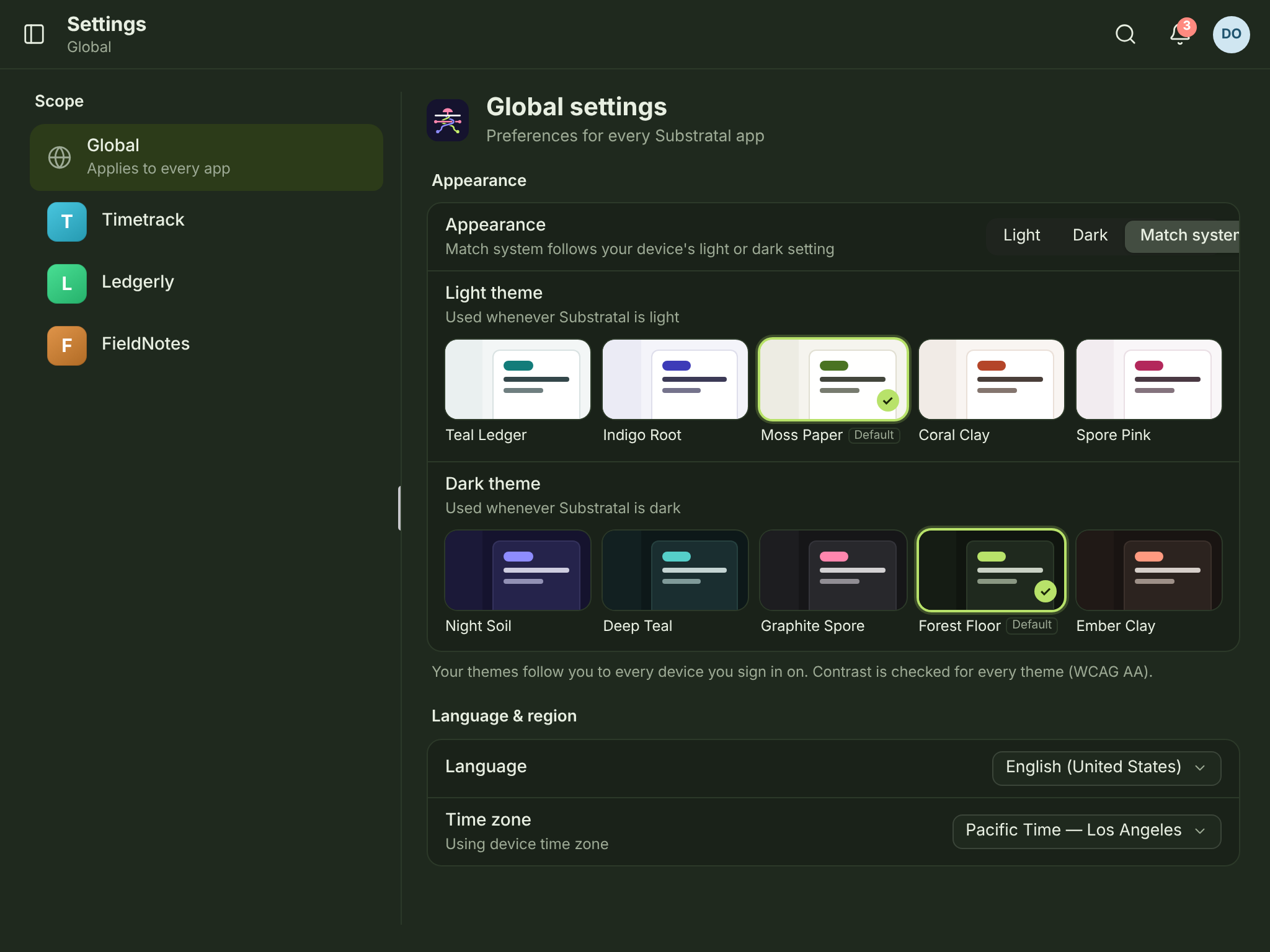 SET-01 · Settings — Appearance & themes — tablet — dark
