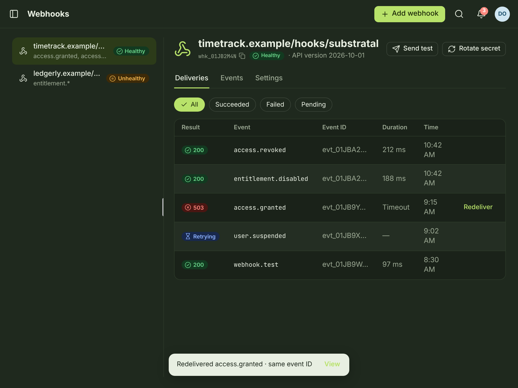 WHK-03 · Webhook deliveries — tablet — dark