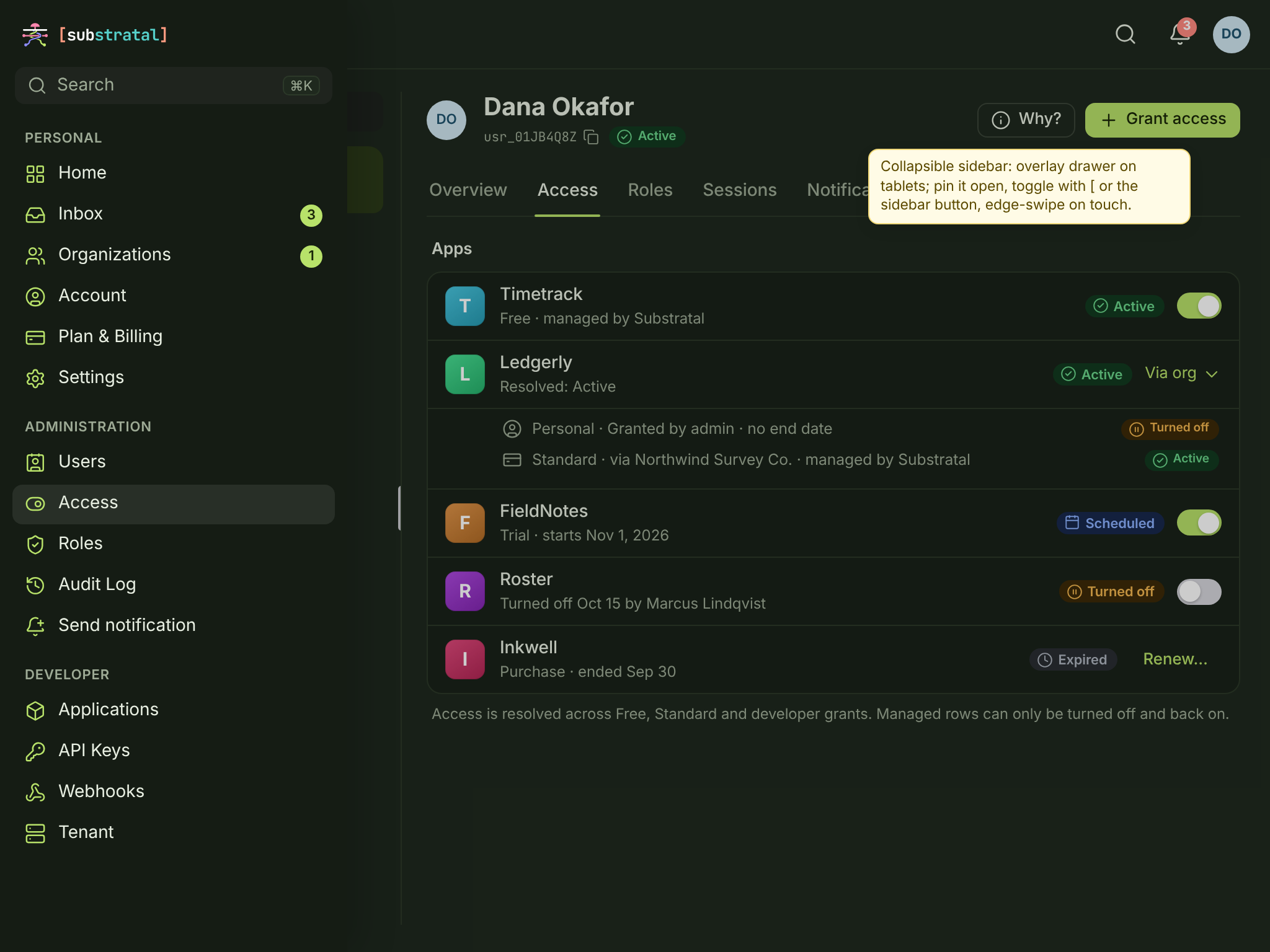 Shell · Collapsible sidebar — tablet — dark