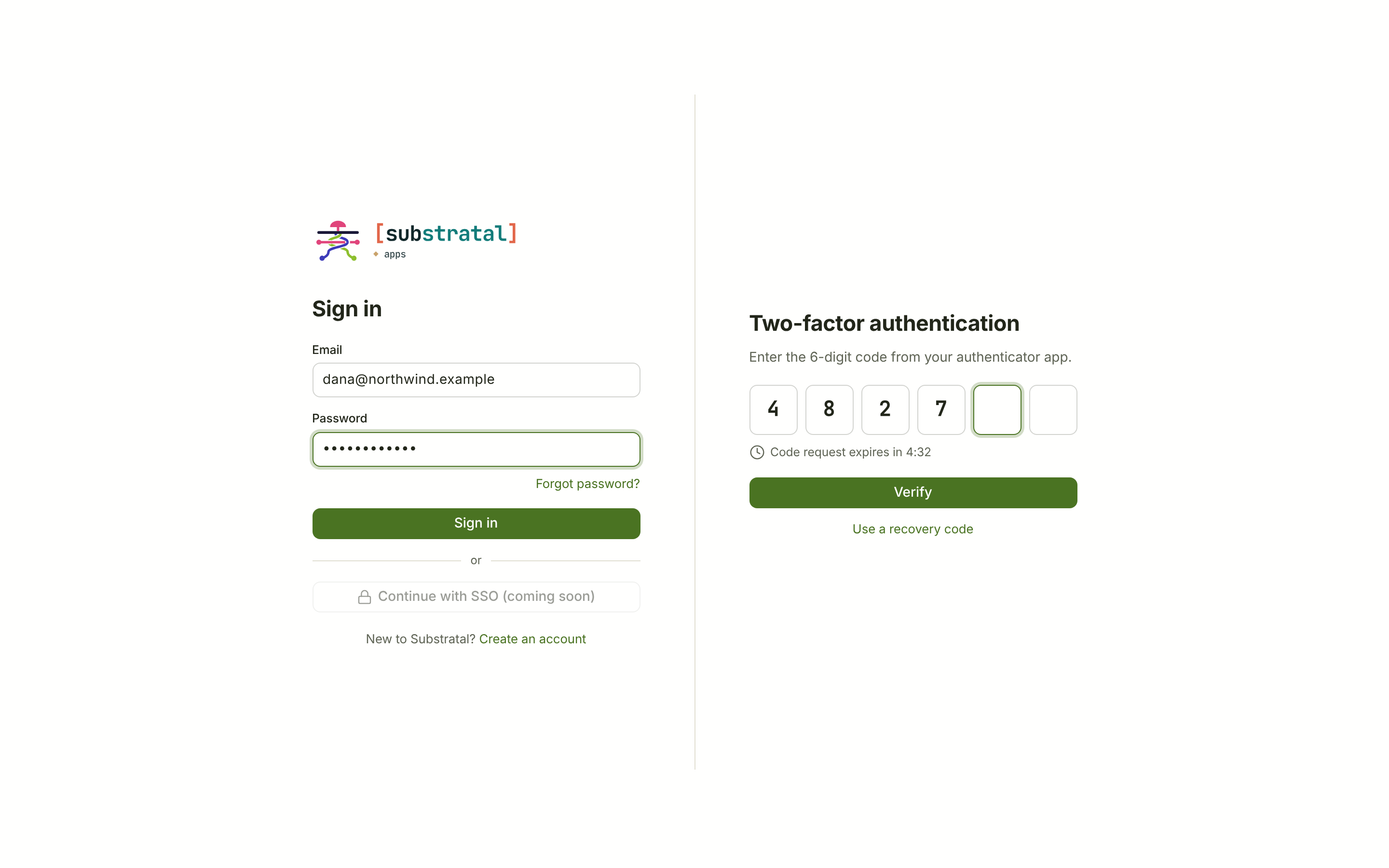 AUTH-01/02 · Sign in & two-factor — desktop — light