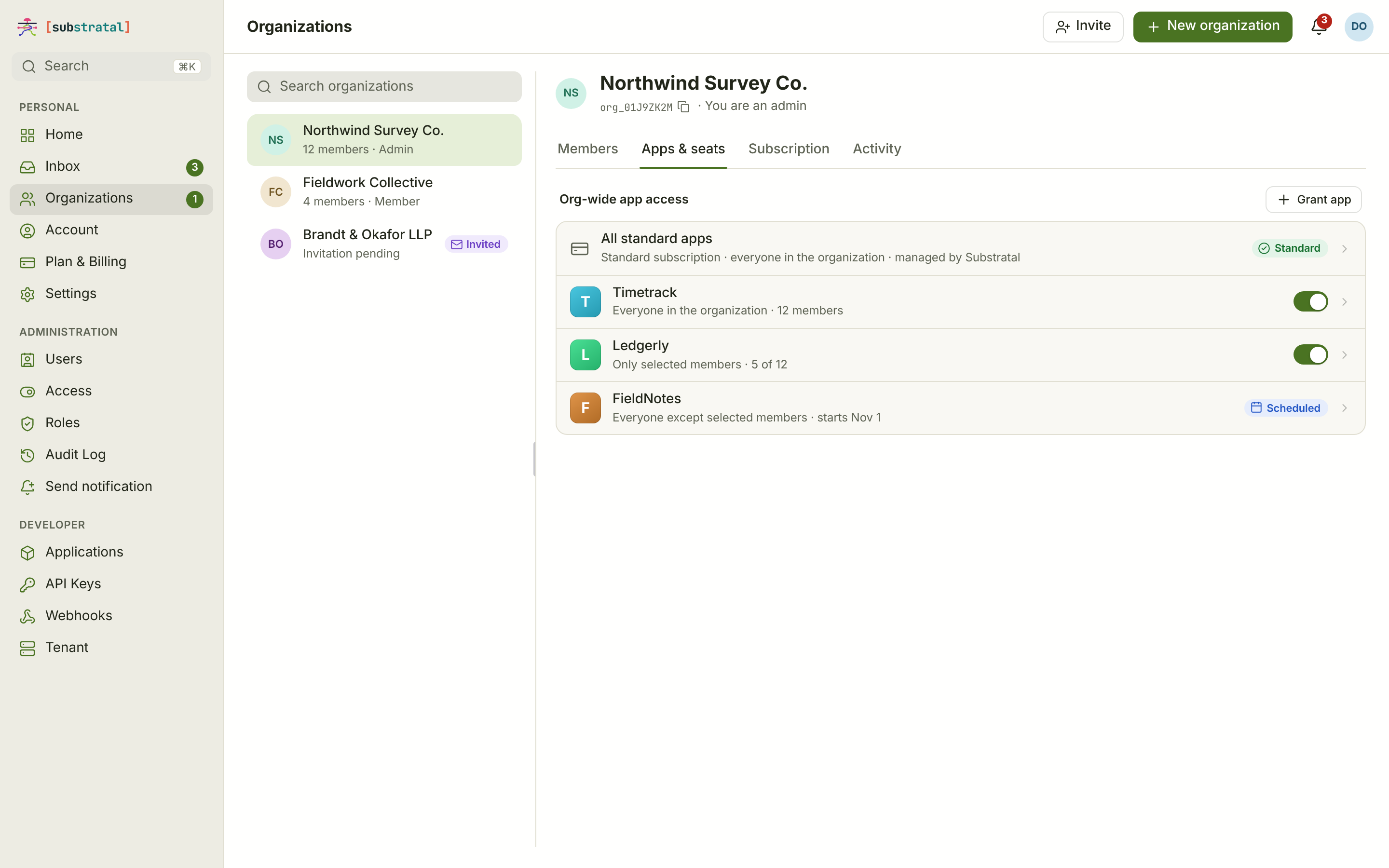 ORG-06 · Organization apps & seats — desktop — light