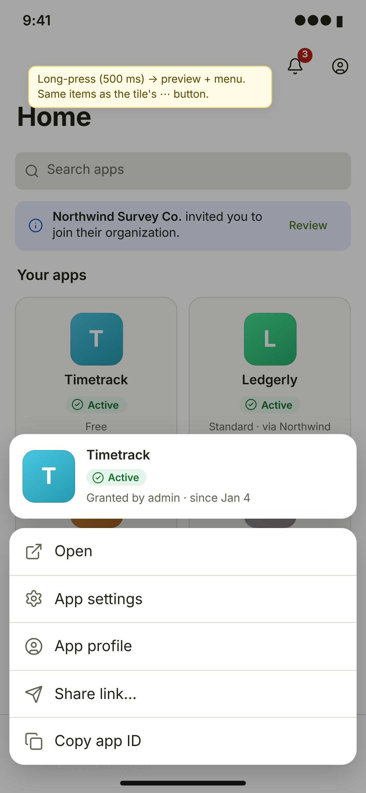 APP-01 · Long-press menu — phone — light