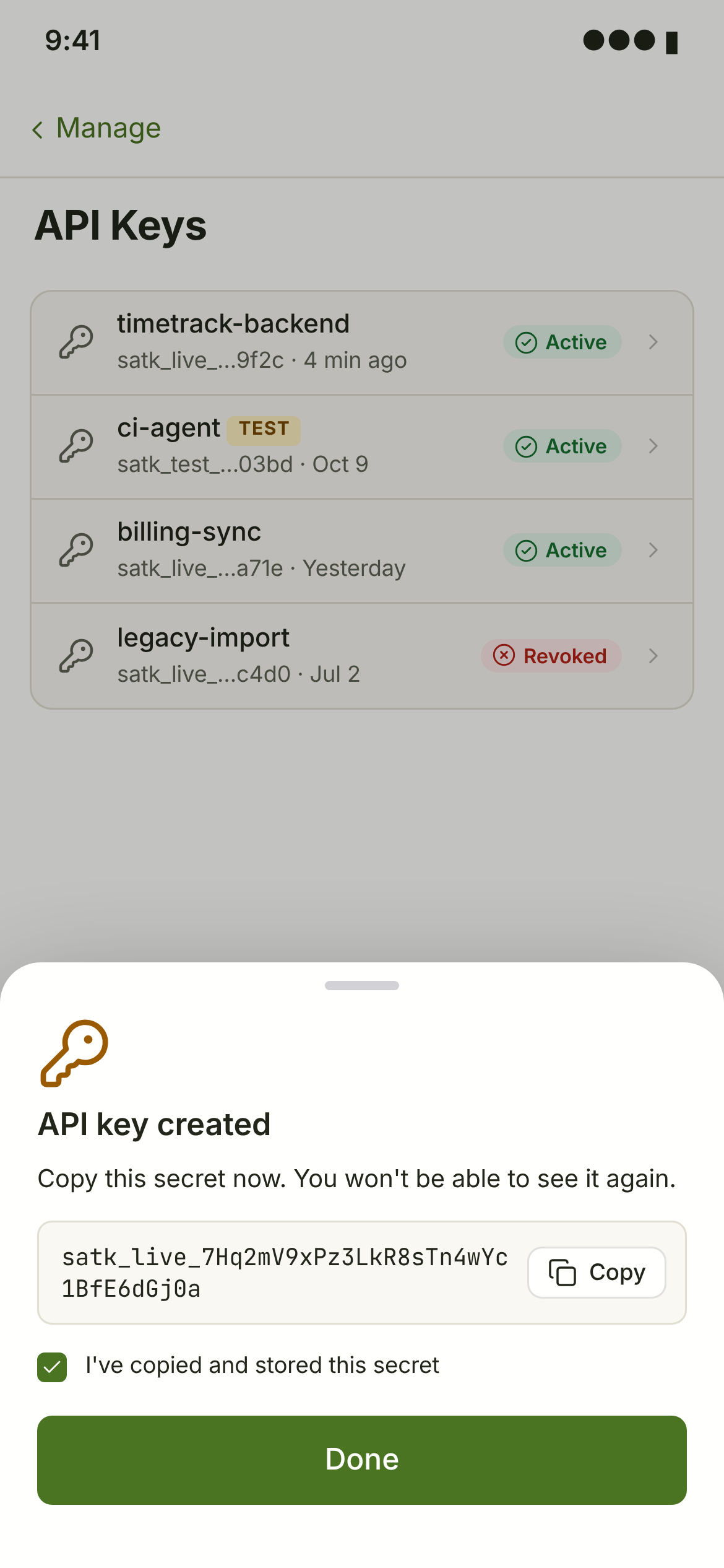 KEY-01 + KEY-03 · API keys, secret reveal — phone — light