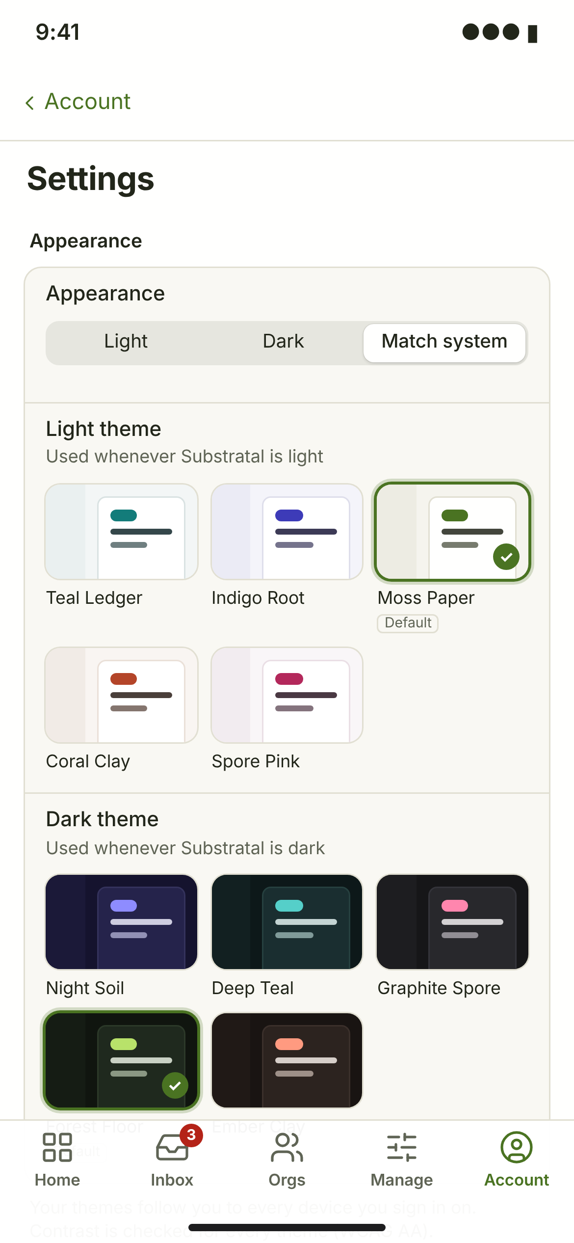 SET-01 · Settings — Appearance & themes — phone — light