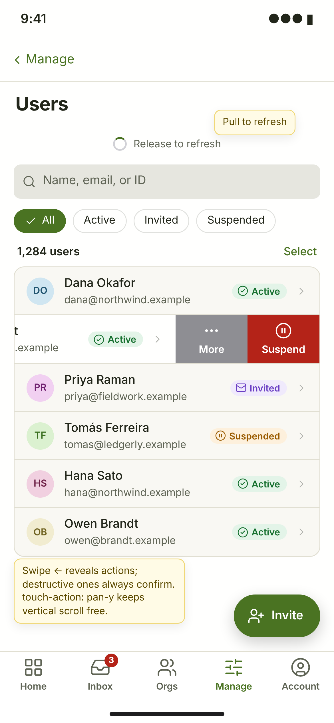 USR-01 · Swipe actions, pull to refresh — phone — light