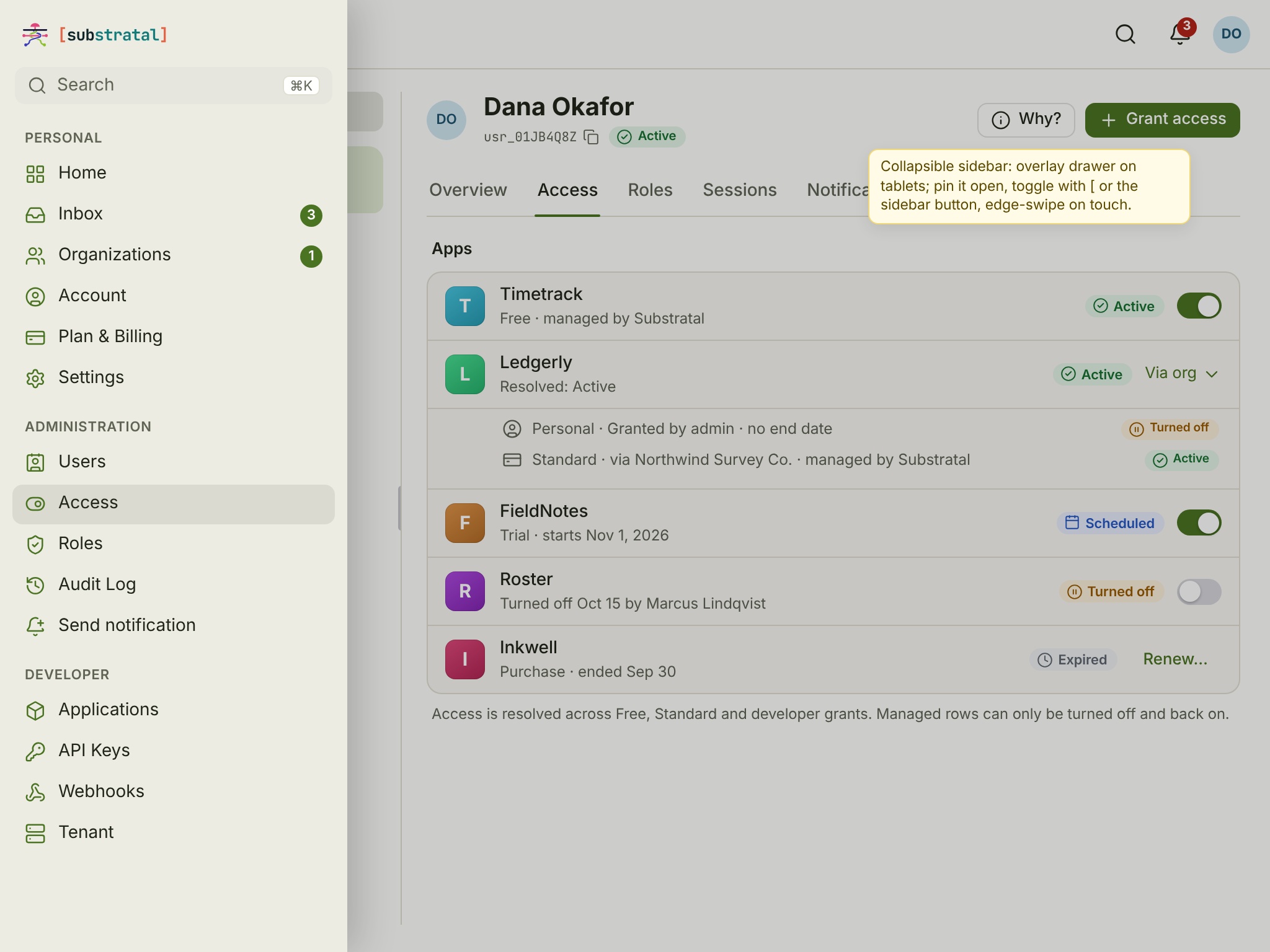 Shell · Collapsible sidebar — tablet — light