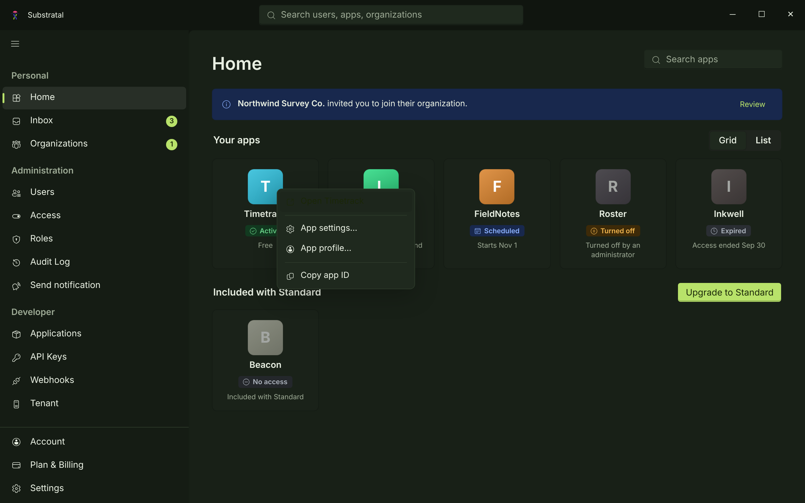 APP-01 · Home — My Apps (Free/Standard tiers) — dark