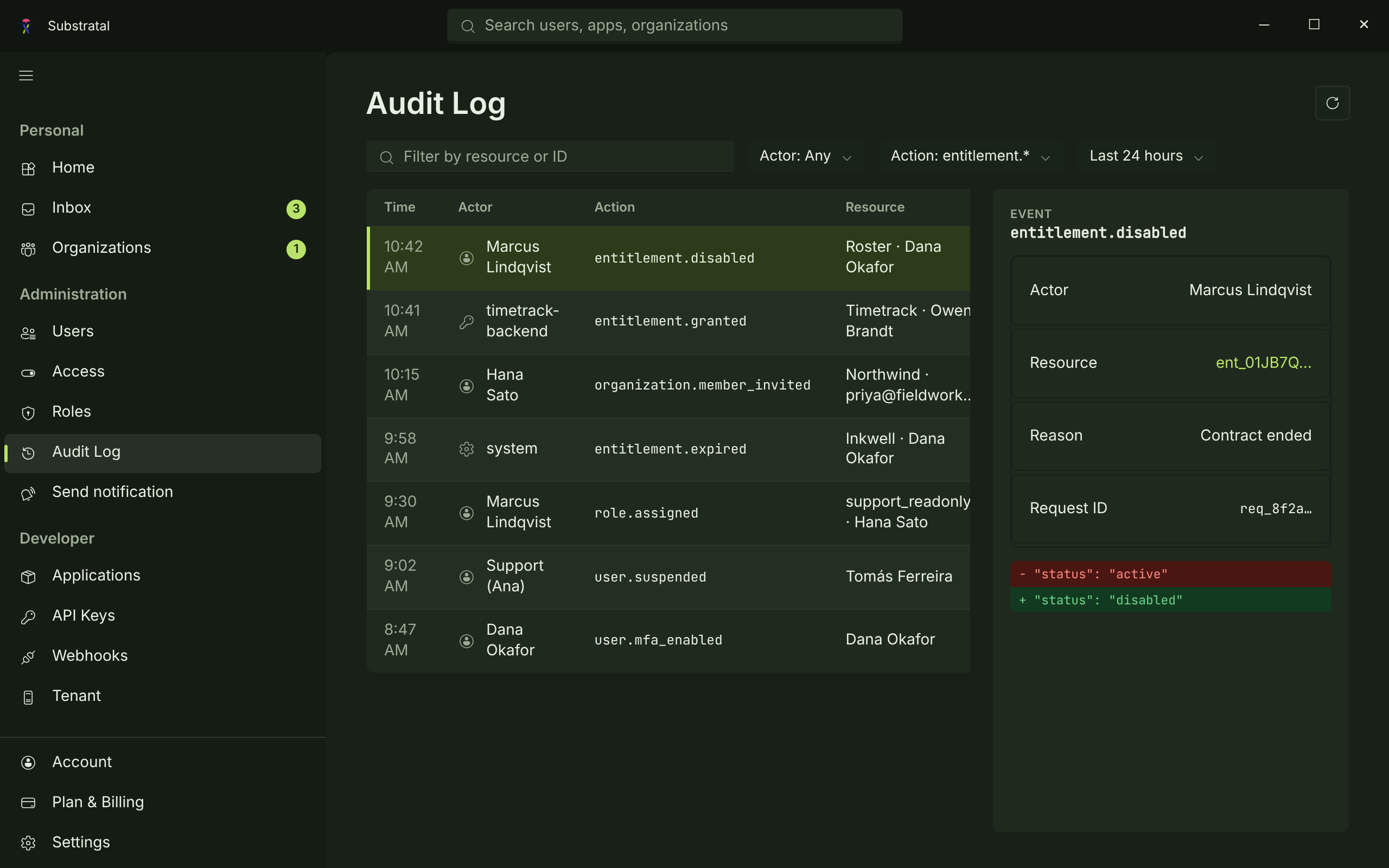 AUD-01 + AUD-02 · Audit log — dark