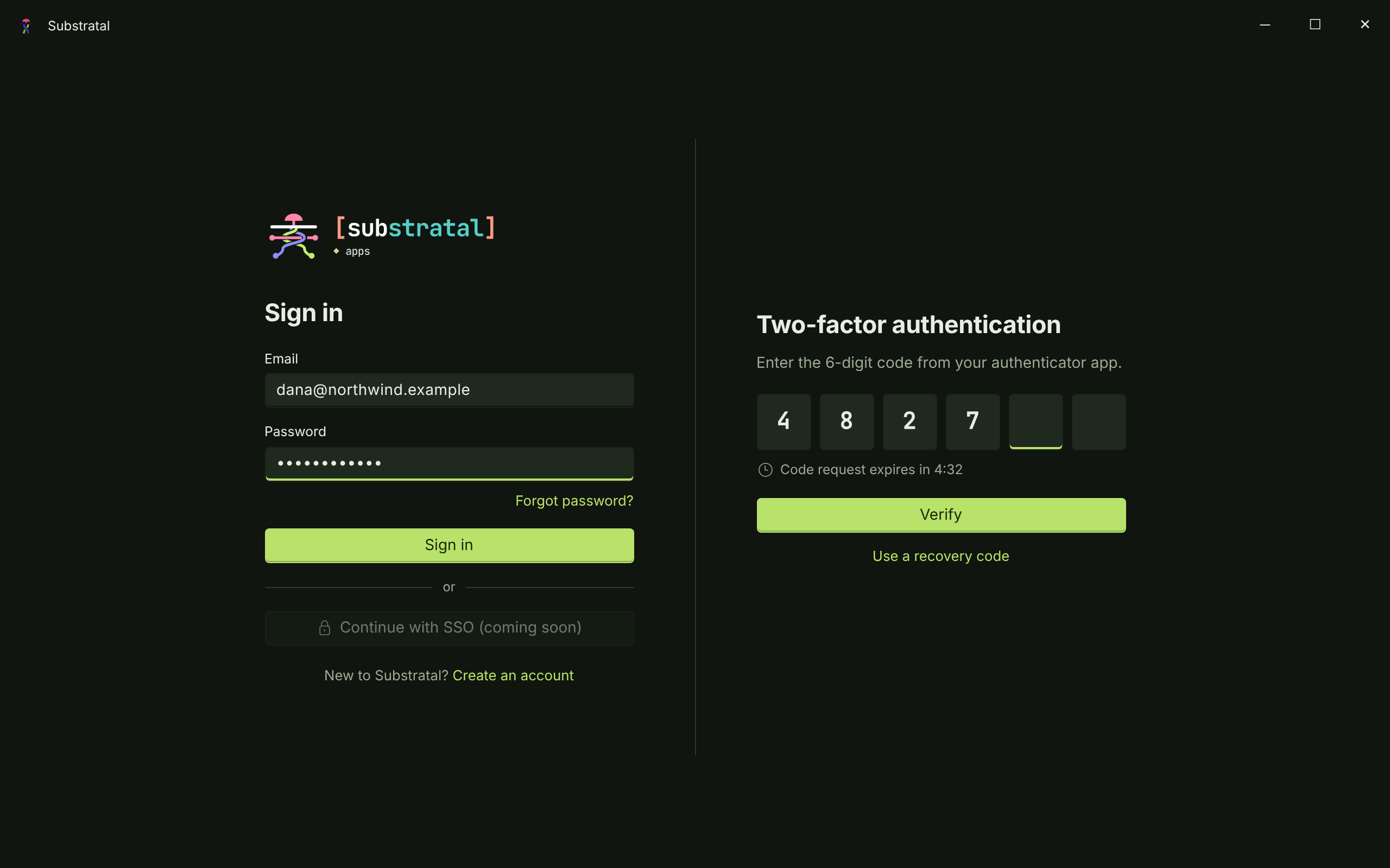AUTH-01/02 · Sign in & two-factor — dark