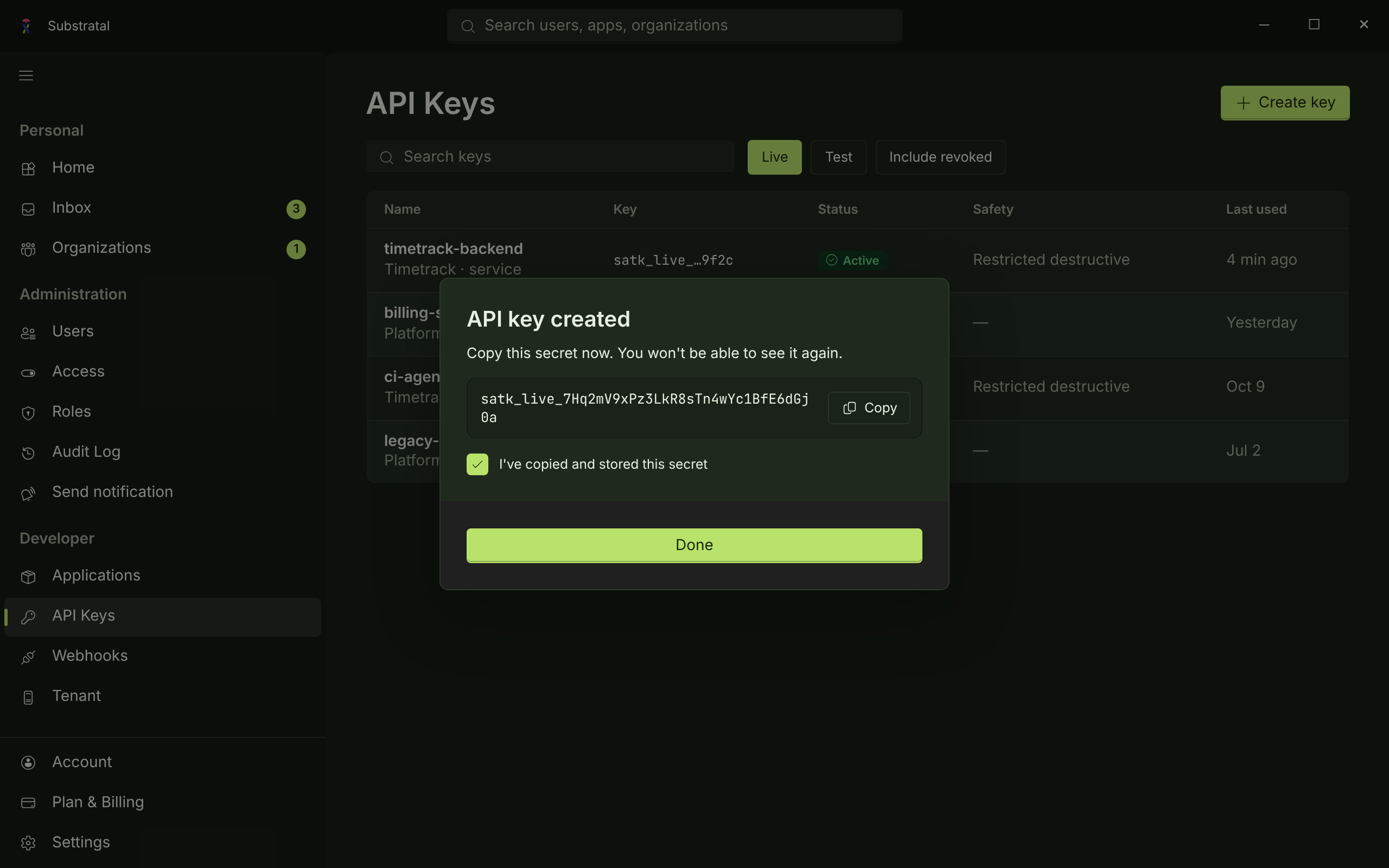 KEY-01 + KEY-03 · API keys, secret reveal — dark
