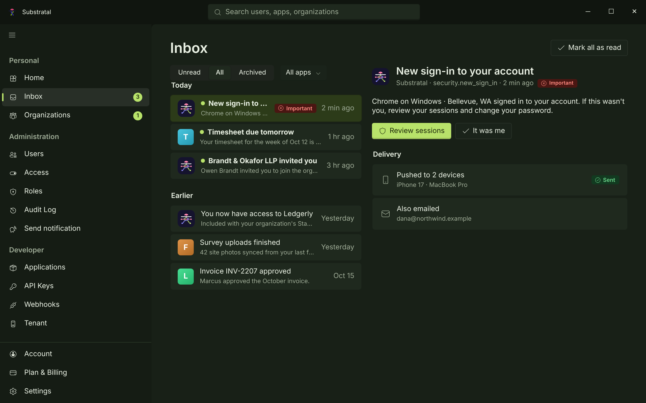 NTF-01/02 · Inbox and notification — dark