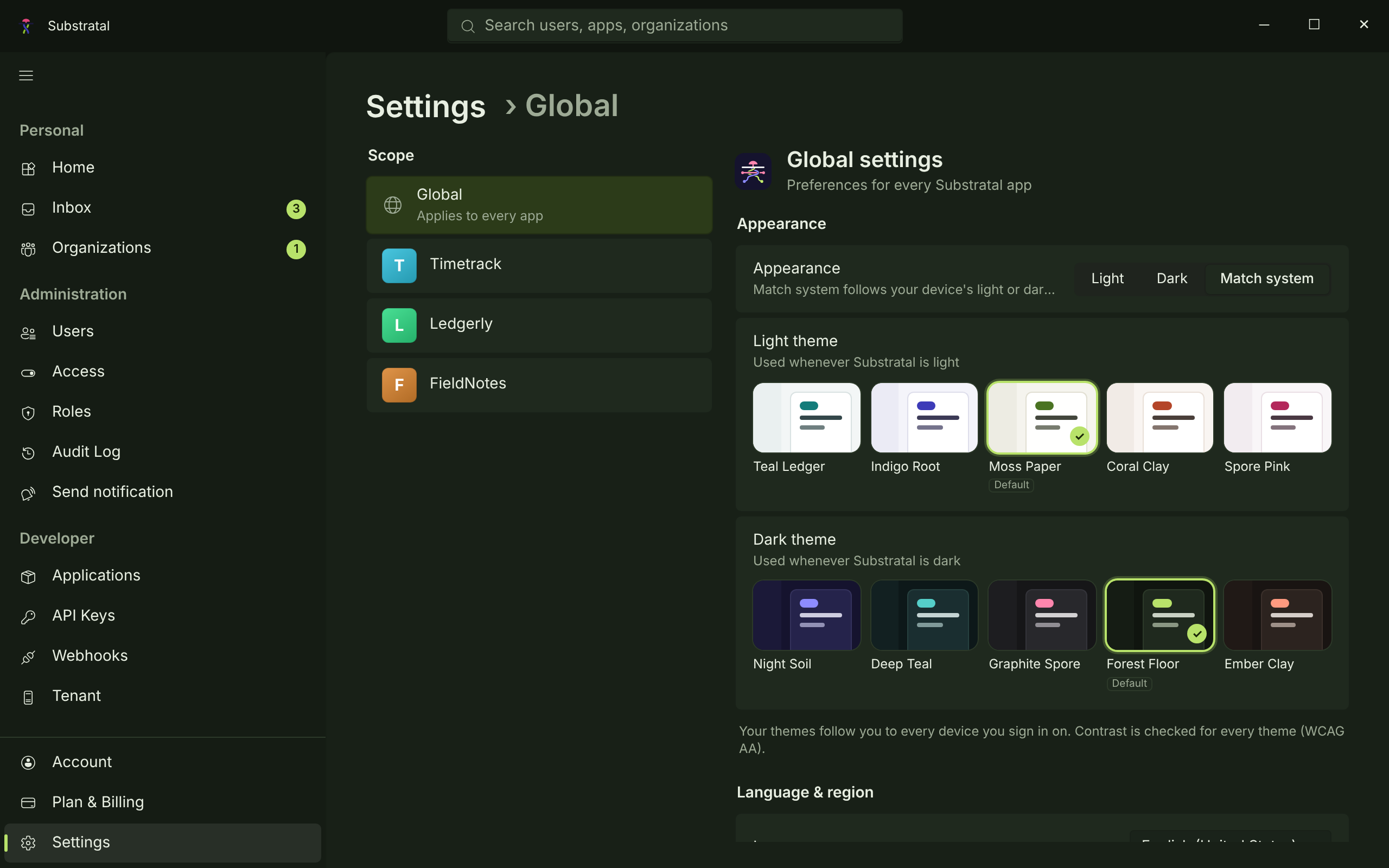 SET-01 · Settings — Appearance & themes — dark