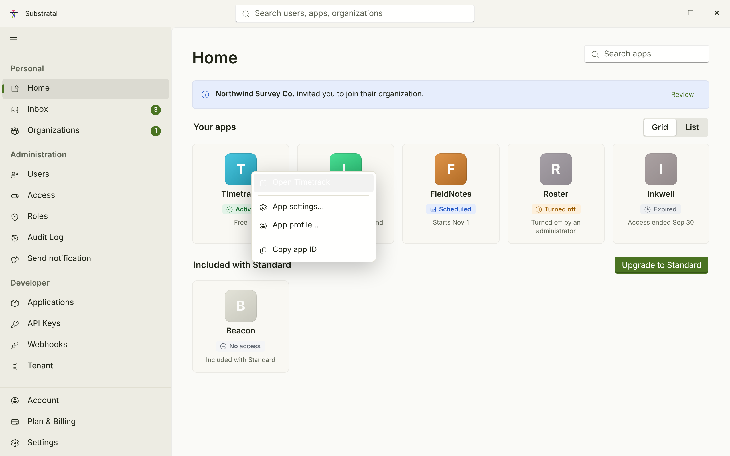 APP-01 · Home — My Apps (Free/Standard tiers) — light