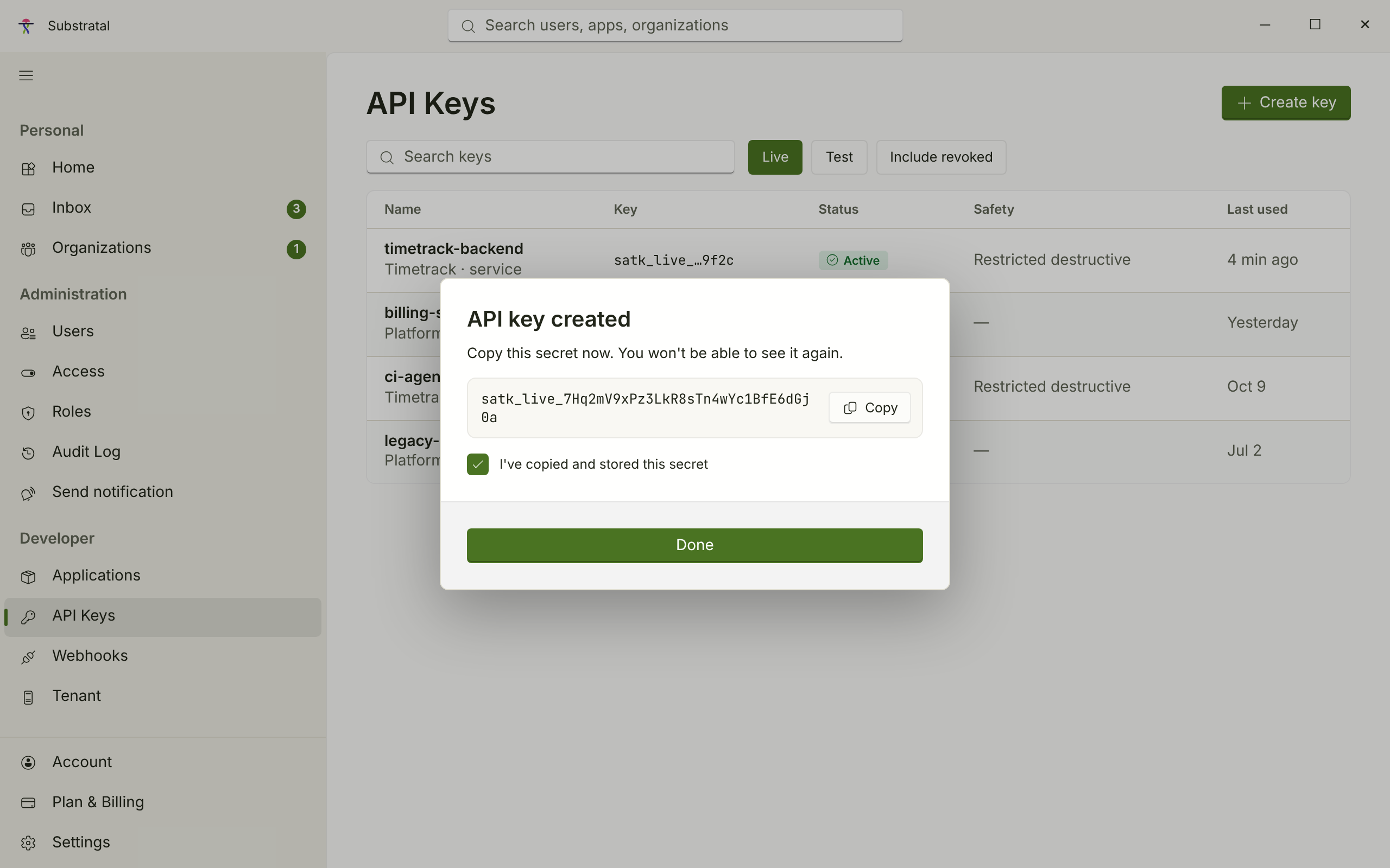KEY-01 + KEY-03 · API keys, secret reveal — light