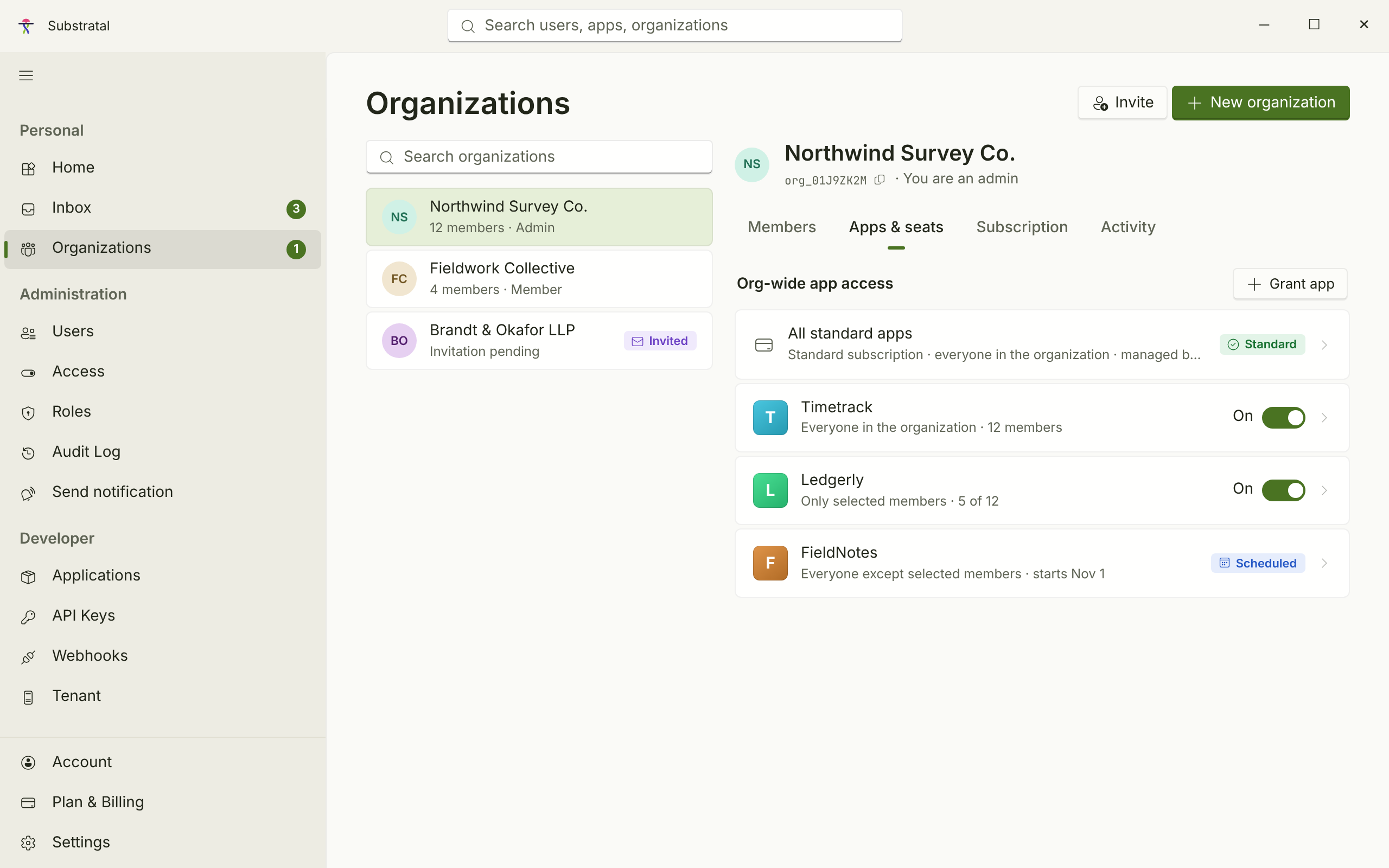 ORG-06 · Organization apps & seats — light