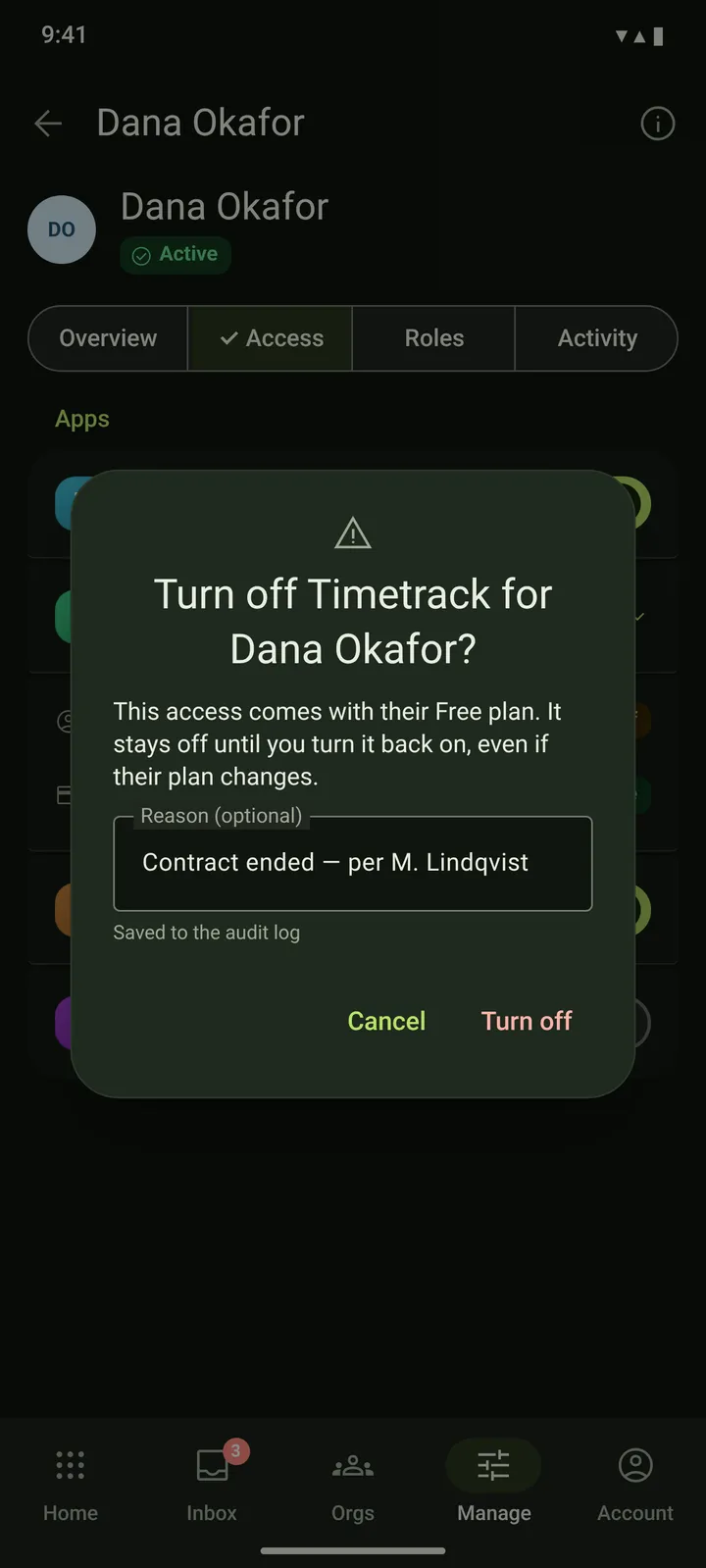 Android User — Access — dark theme