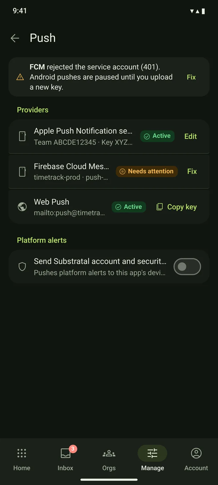 Android Push credentials — dark theme