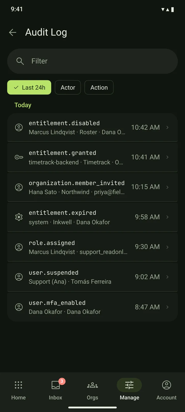 Android Audit log — dark theme