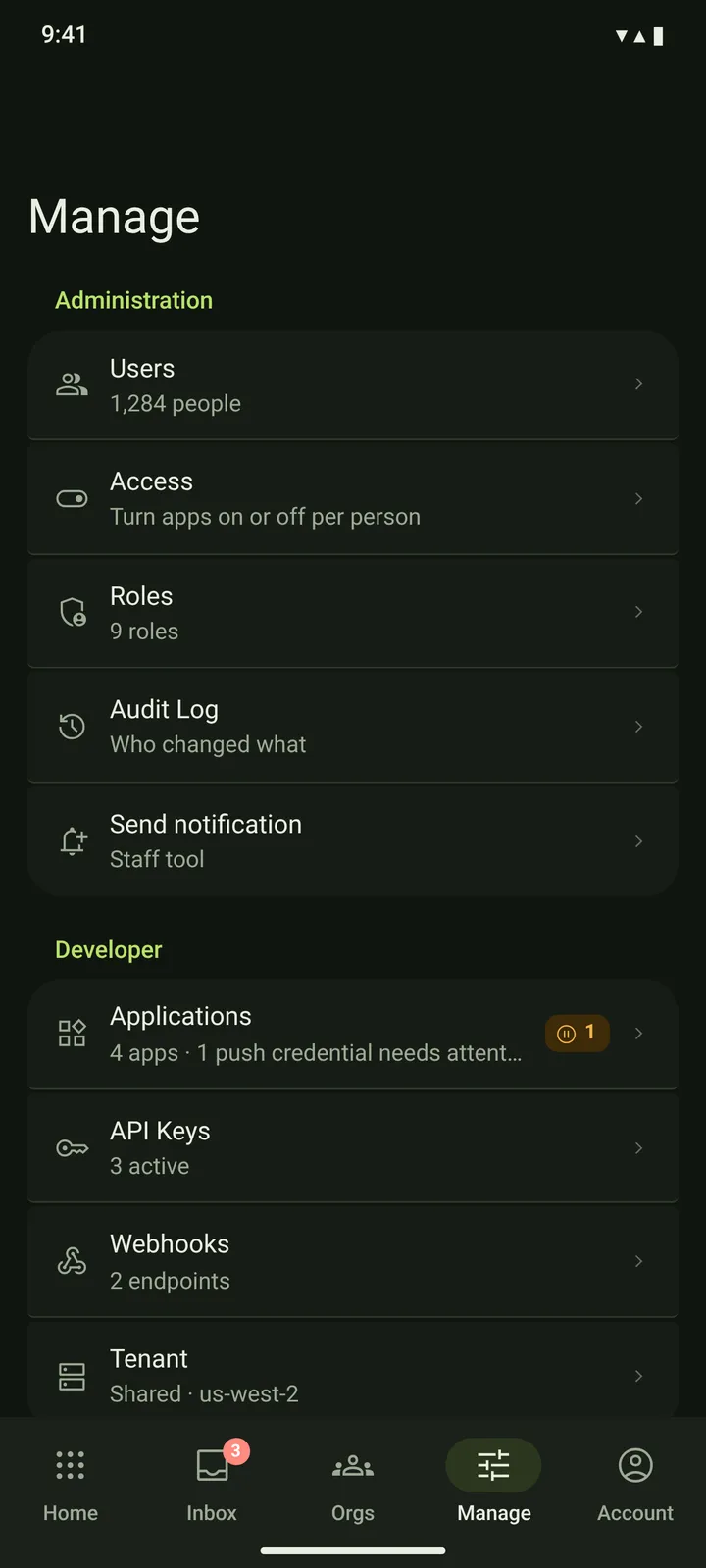 Android Manage hub — dark theme