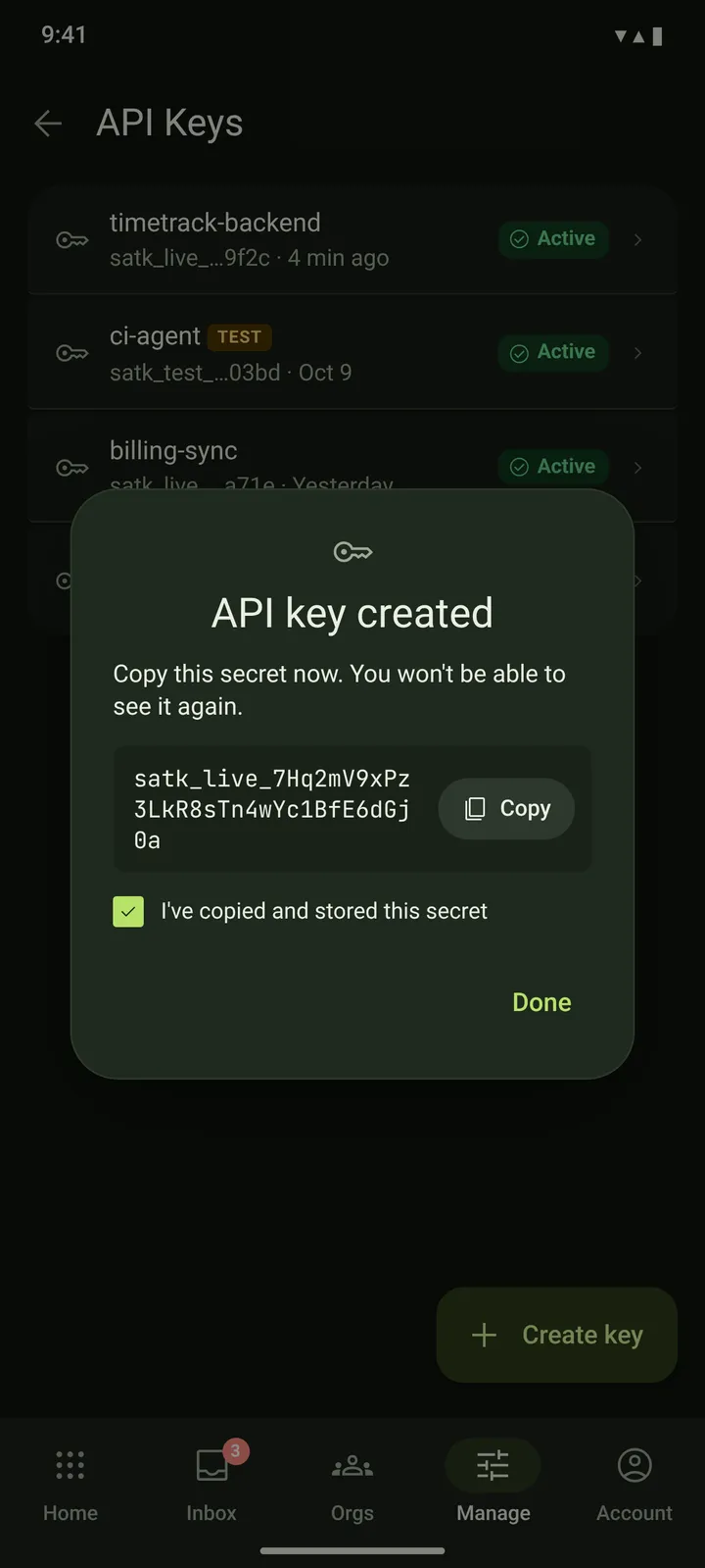 Android API keys — dark theme