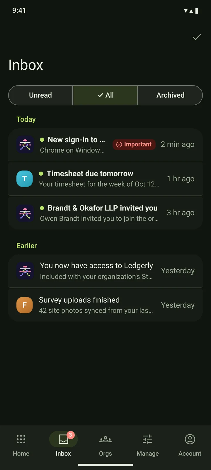 Android Inbox — dark theme