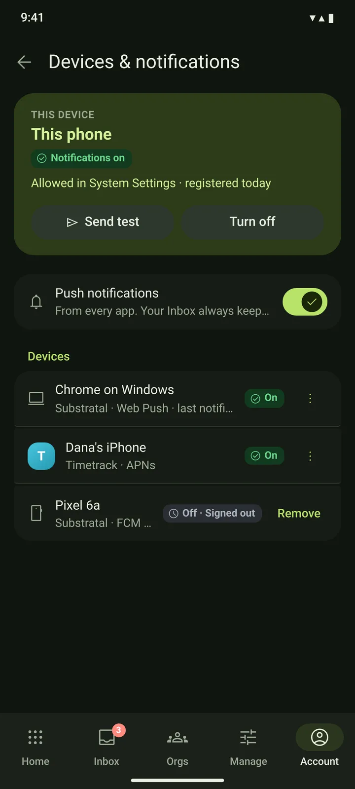 Android Devices & notifications — dark theme
