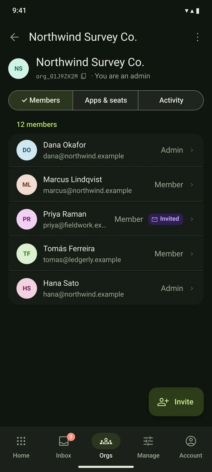 Android Organization — Apps & seats — dark theme