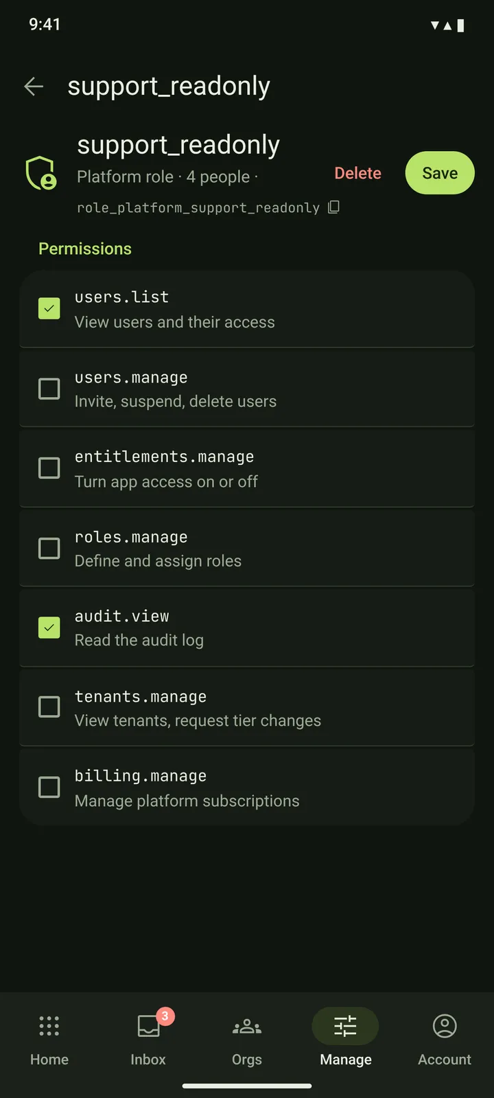 Android Role detail — dark theme