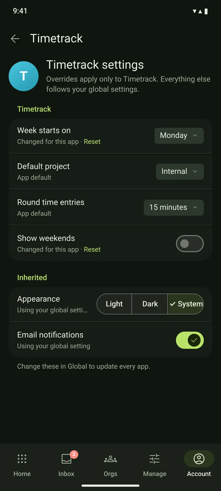 Android Settings — Per app — dark theme