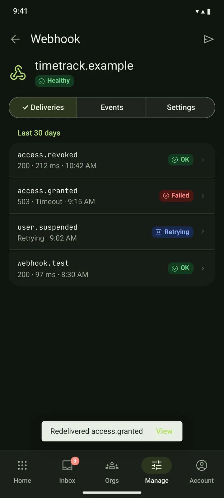 Android Webhook — Deliveries — dark theme