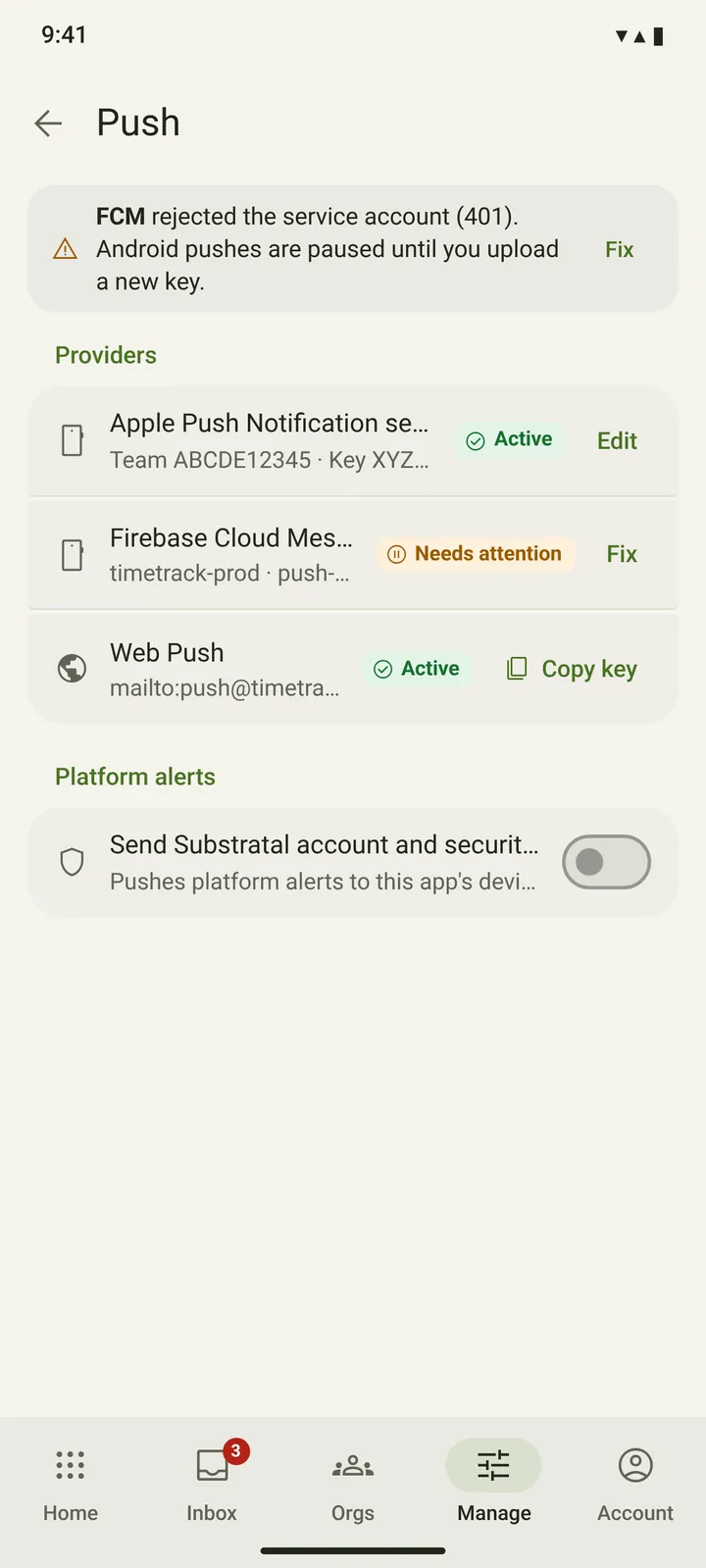 Android Push credentials — light theme
