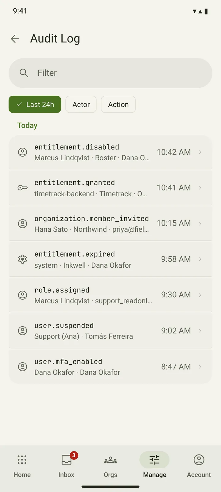 Android Audit log — light theme