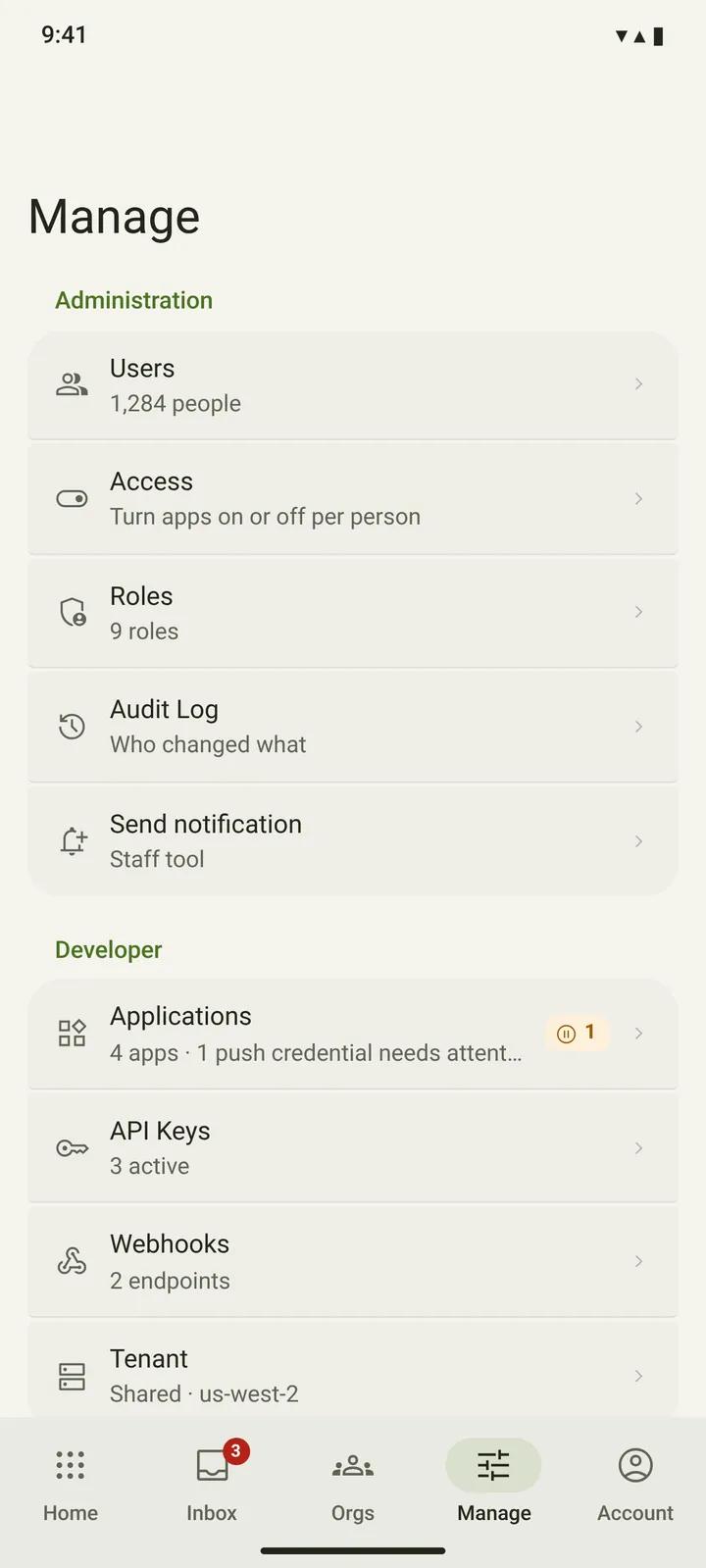 Android Manage hub — light theme