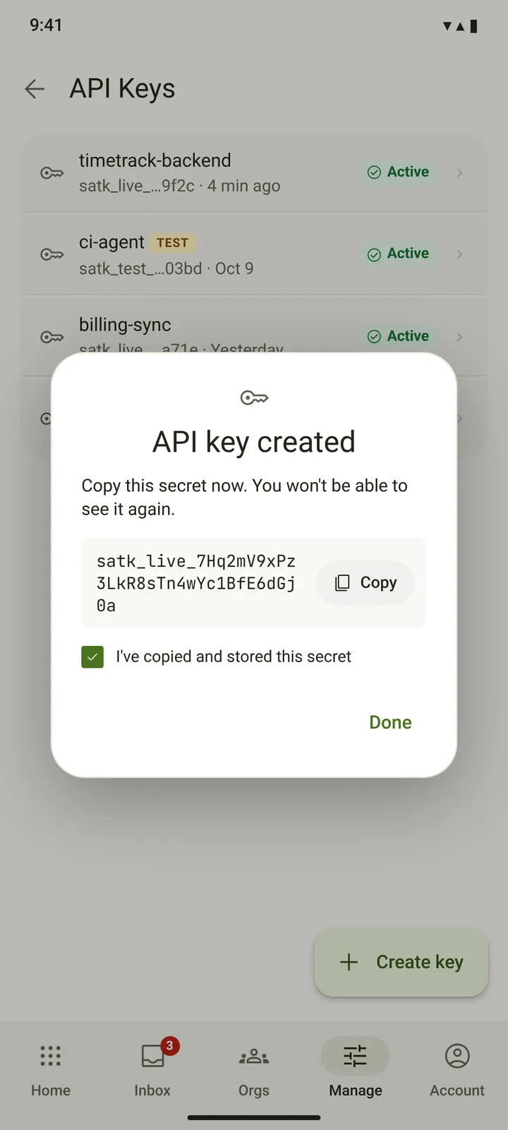 Android API keys — light theme