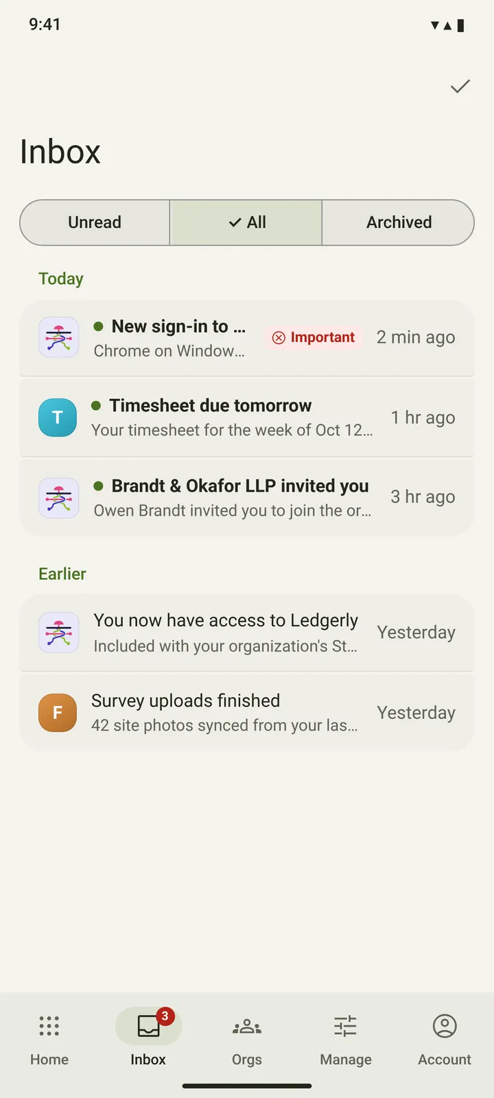 Android Inbox — light theme