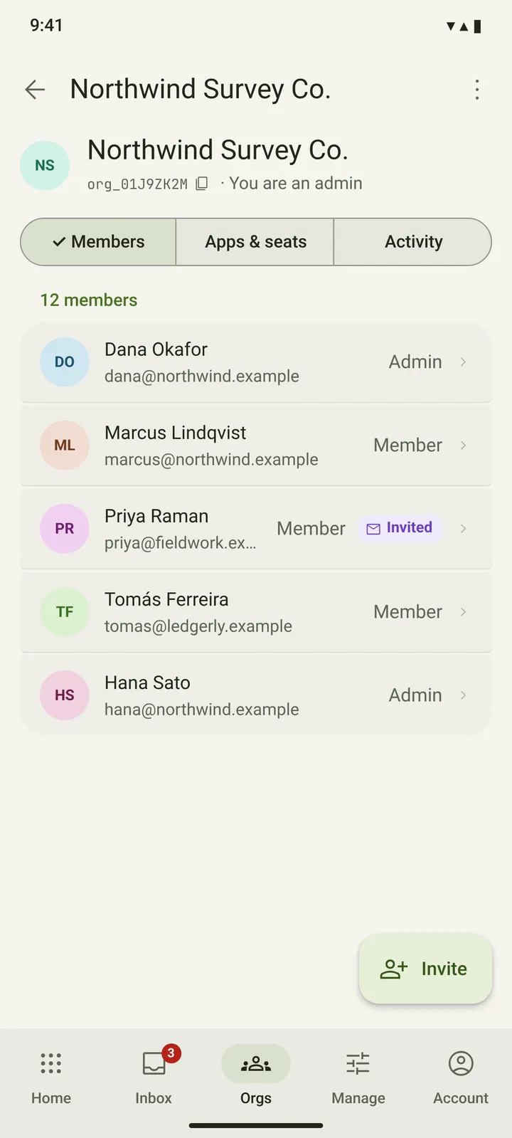 Android Organization — Apps & seats — light theme