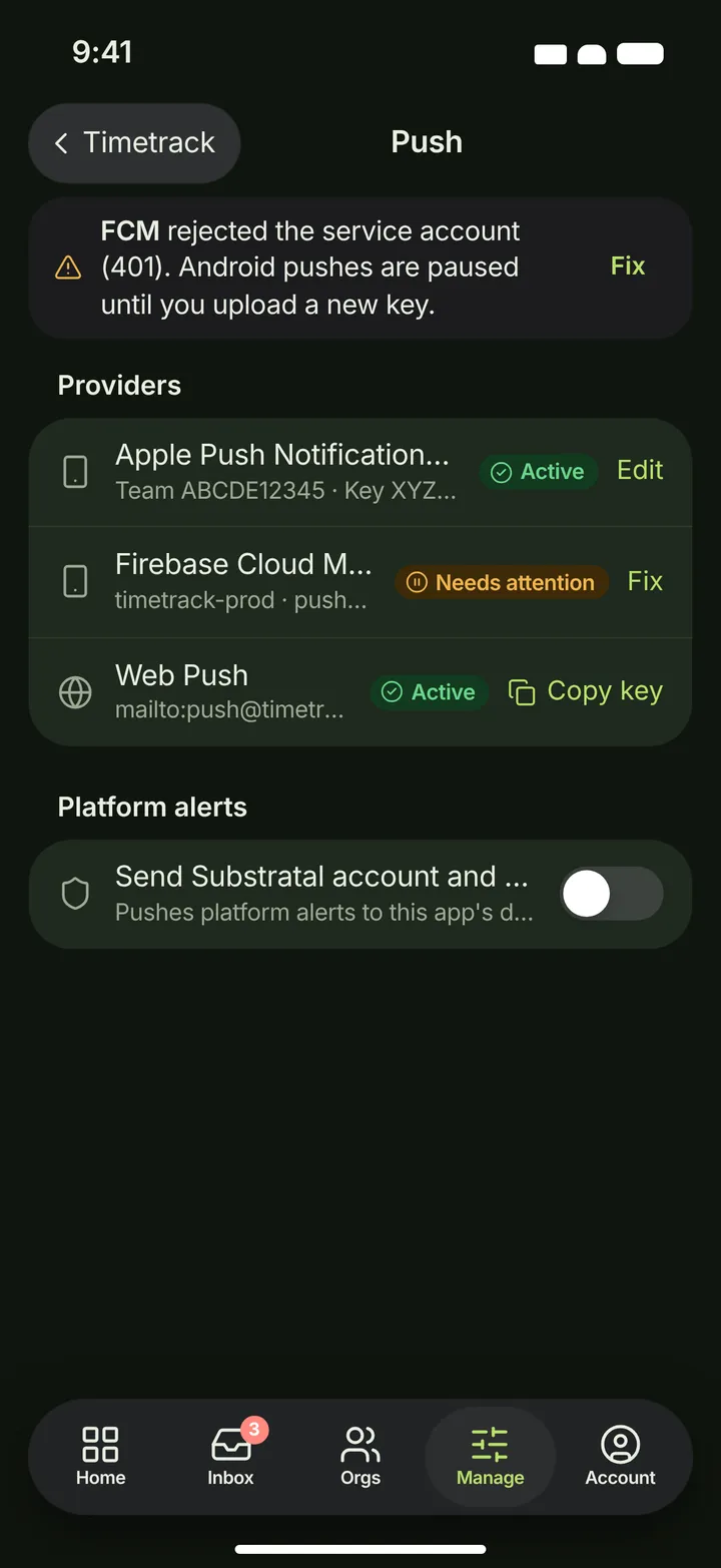 iOS / iPadOS Push credentials — dark theme