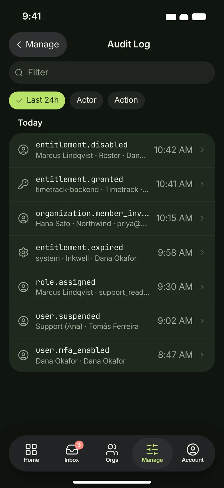iOS / iPadOS Audit log — dark theme
