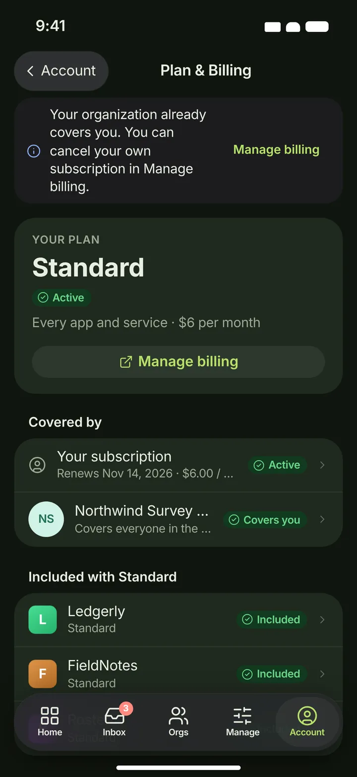 iOS / iPadOS My plan — dark theme