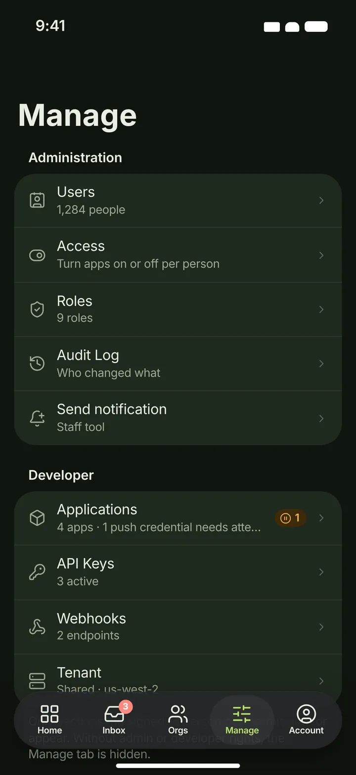iOS / iPadOS Manage hub — dark theme