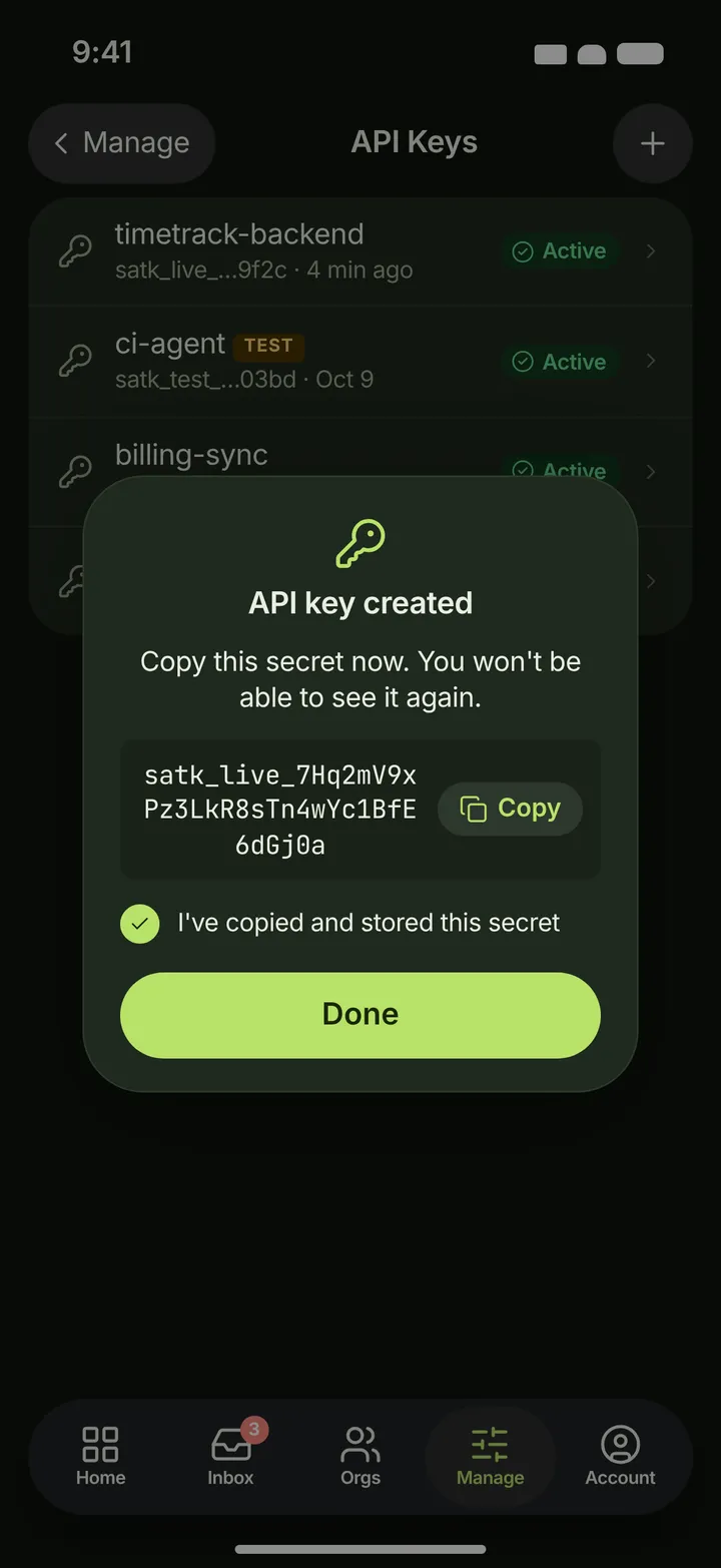 iOS / iPadOS API keys — dark theme