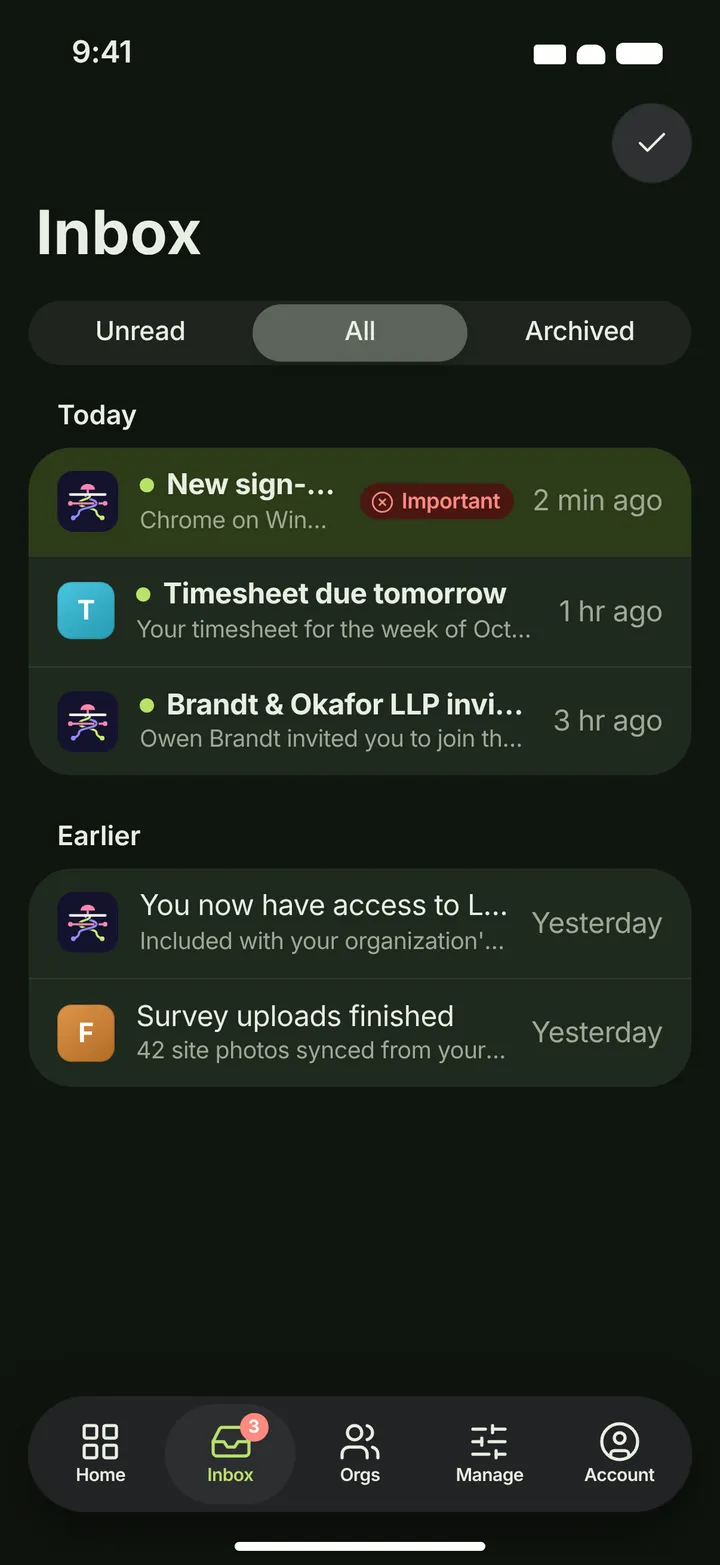 iOS / iPadOS Inbox — dark theme