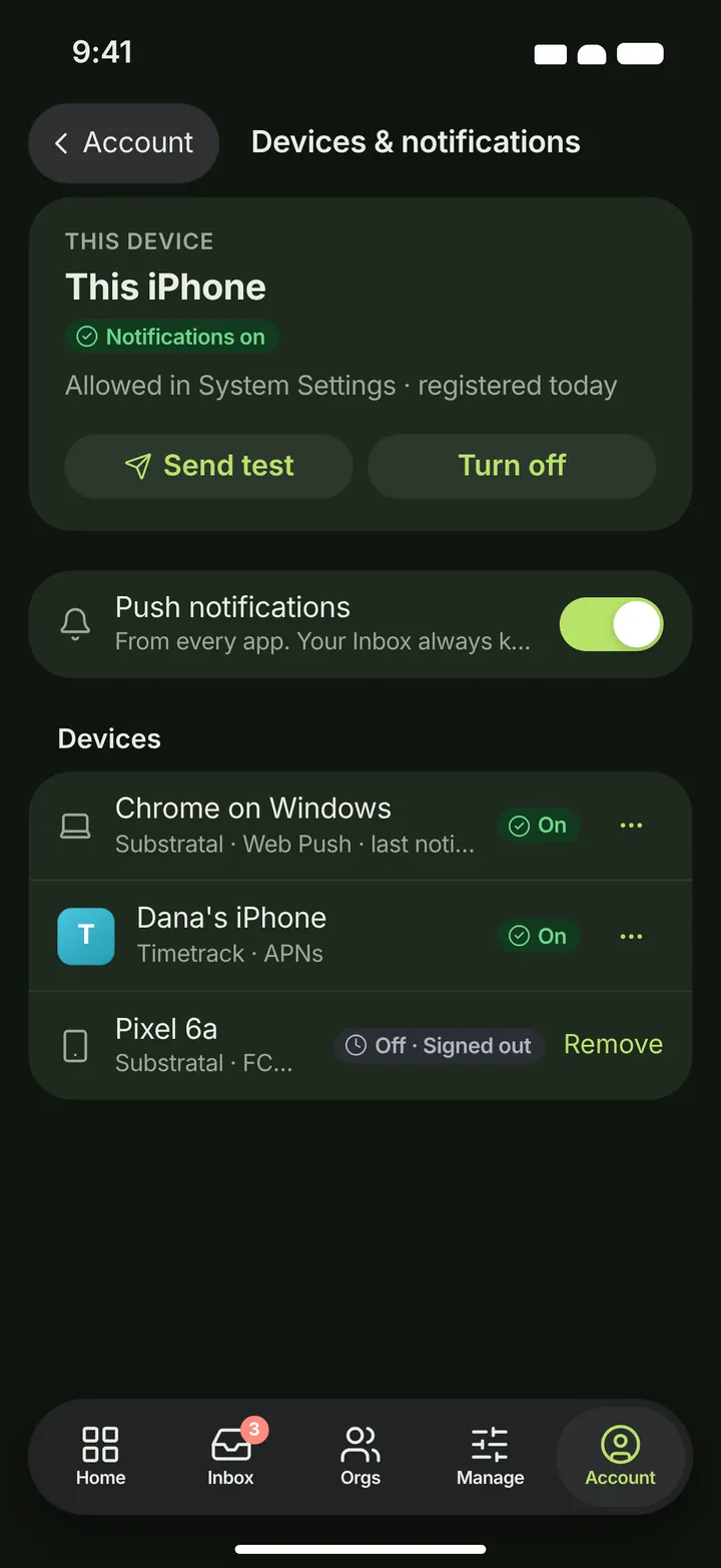 iOS / iPadOS Devices & notifications — dark theme
