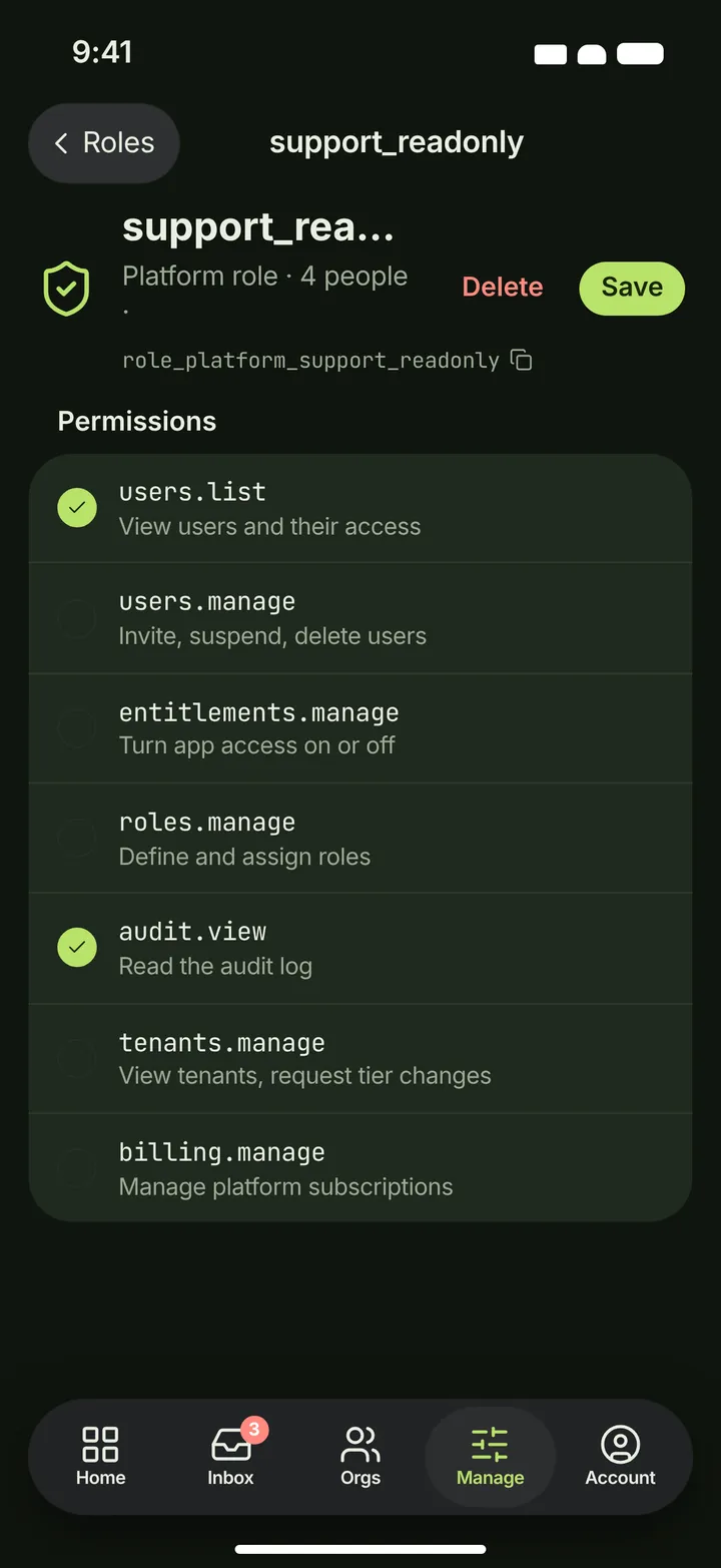 iOS / iPadOS Role detail — dark theme