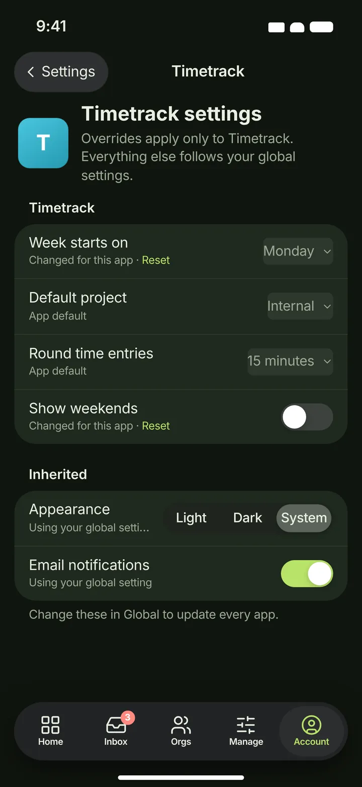 iOS / iPadOS Settings — Per app — dark theme