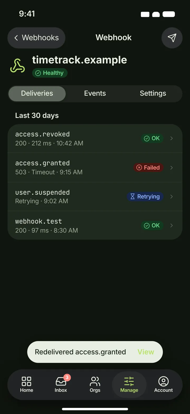 iOS / iPadOS Webhook — Deliveries — dark theme