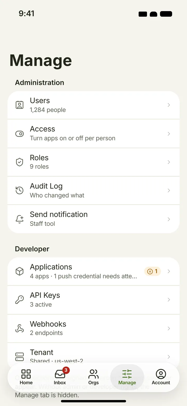 iOS / iPadOS Manage hub — light theme
