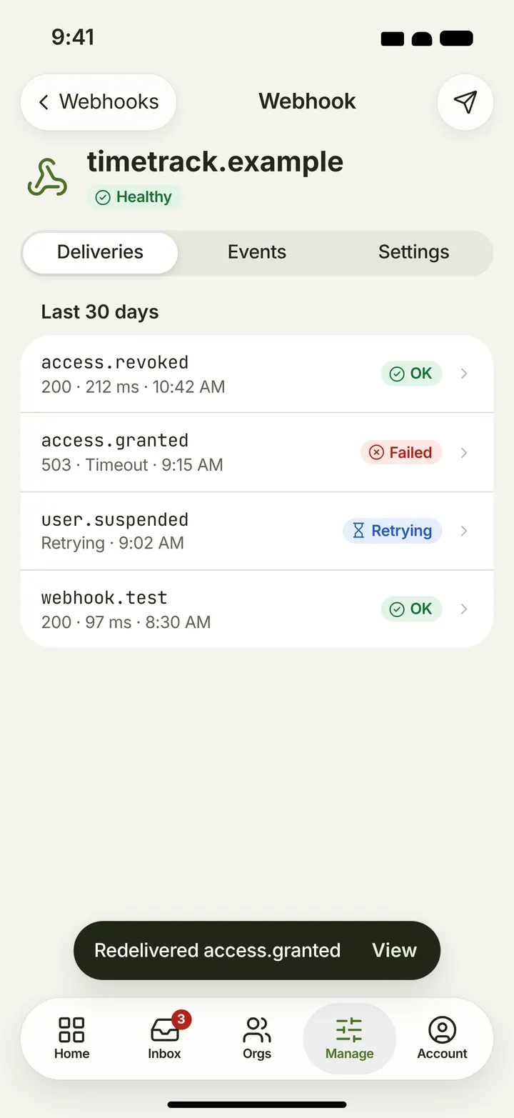iOS / iPadOS Webhook — Deliveries — light theme